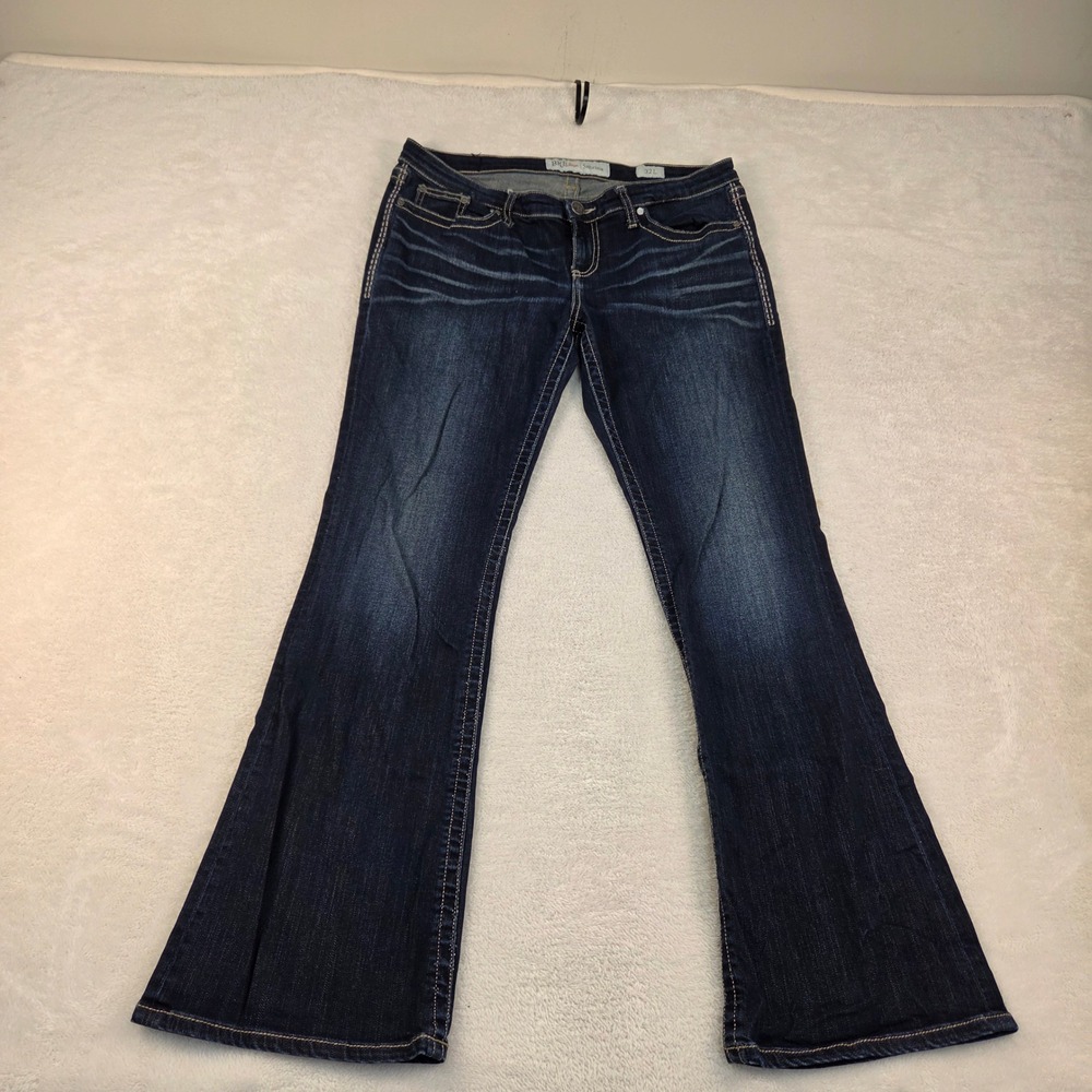 BKE Sabrina Bootcut Jeans 32L Dark Wash Embroidered Pockets Low Rise Flare